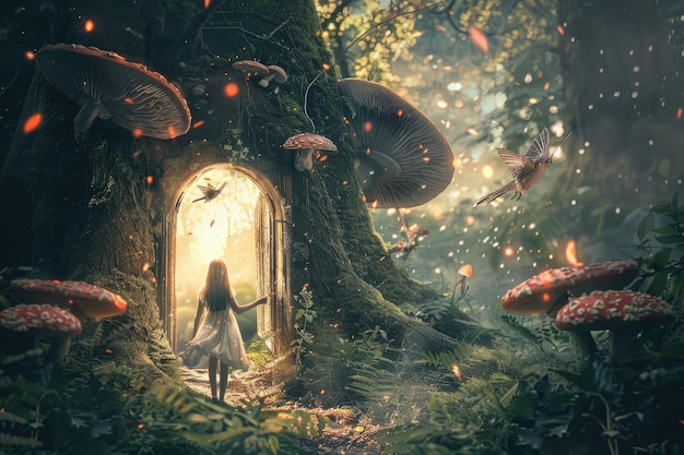 Girl in fairy tale forest with bird mushrooms magic window and butterfly with sparkles leaving path