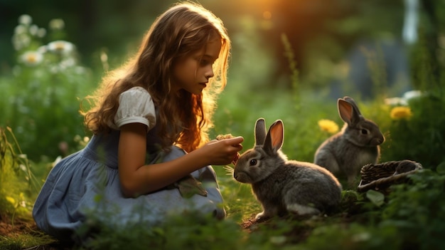 A girl feeding rabbits in a field