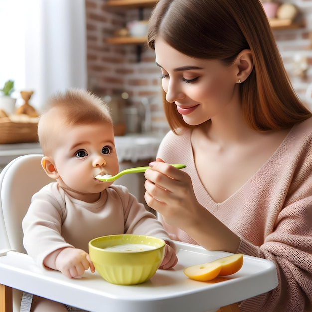 girl feeds the child The child is sitting in a feeding chair Mom feeds the baby First feeding