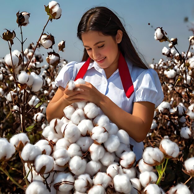 Photo a girl in a field of cotton that is being harvested