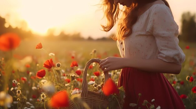 a girl in a field of flowers with a basket of flowers