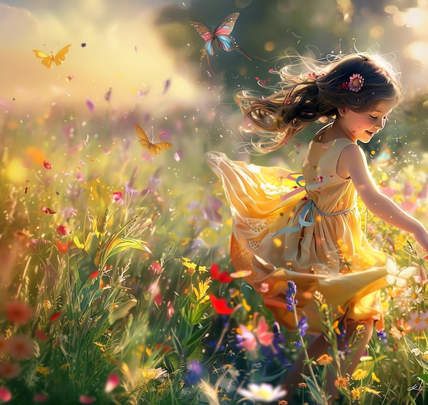 Photo a girl in a field of flowers with butterflies flying around her