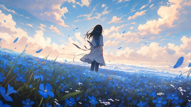 Photo a girl in a field of flowers with a flying arrow.