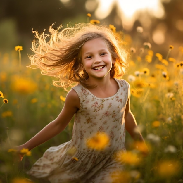 a girl in a field of flowers with her hair blowing in the wind