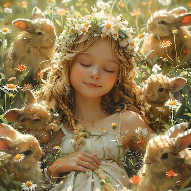 a girl in a field of flowers with rabbits in the background