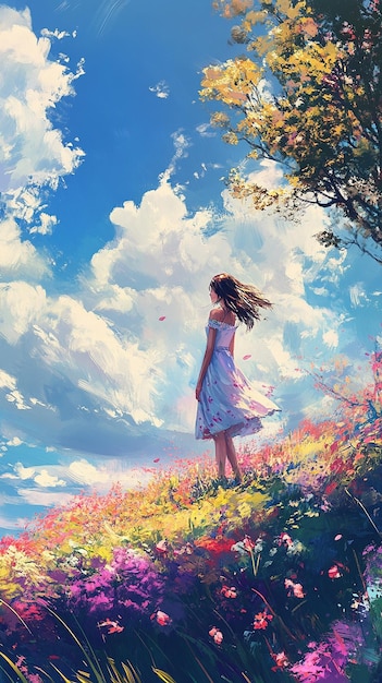 Photo a girl in a field of flowers with the sky in the background