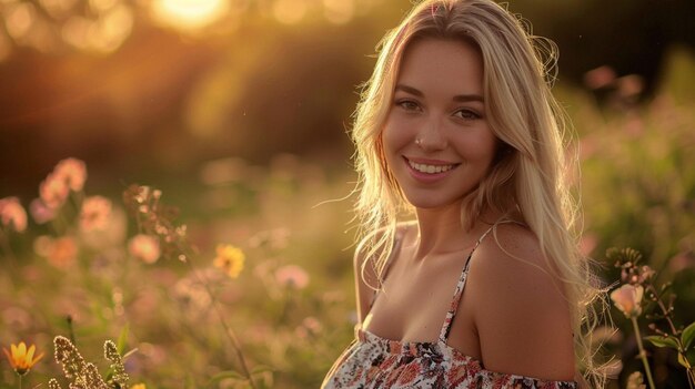 a girl in a field of flowers with the sun behind her