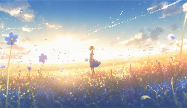 A girl in a field of flowers with the sun shining on her face