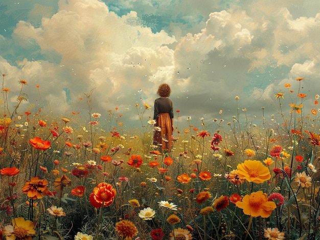 a girl in a field of flowers with the sun shining through the clouds