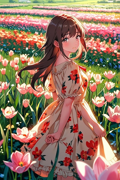 Photo a girl in a field of flowers with a windmill in the background