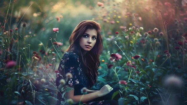 a girl in a field of flowers