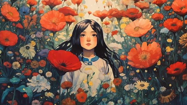 A girl in a field of flowers