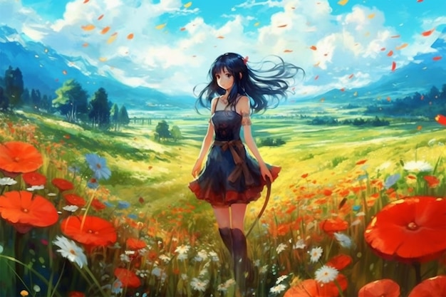 A girl in a field of flowers