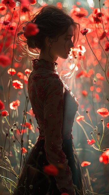 a girl in a field of red flowers