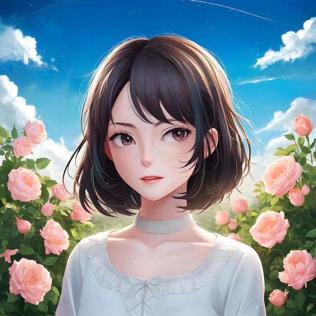 a girl in a field of roses