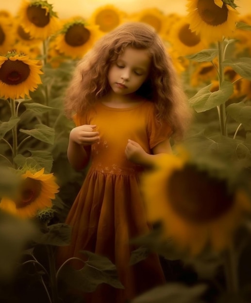 a girl in a field of sunflowers has her hands in her mouth