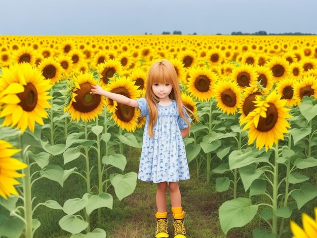 A girl in a field of sunflowers is standing AI GENERATED