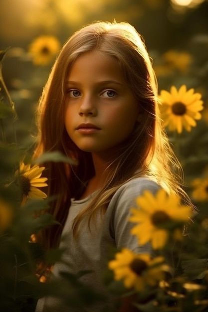 a girl in a field of sunflowers with a picture of a girl