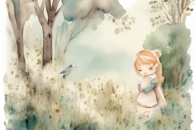 A girl in a field with a bird and a bird