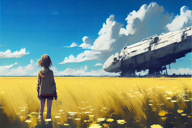 A girl in a field with a plane in the background