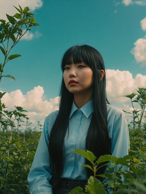 a girl in a field with the sky behind her