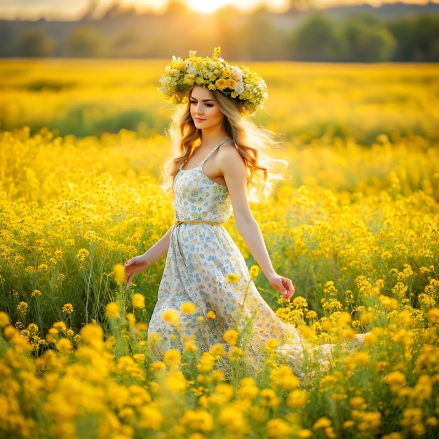 girl in a field of yellow flowers