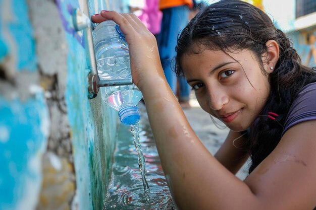 Photo a girl filling a water bottle from a public tap