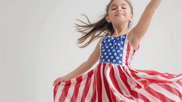 Girl in flag dress celebrates Independence Day full shot white backdrop