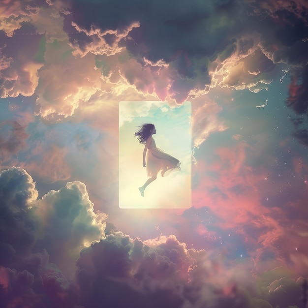 Photo a girl floating through an open doorway in the sky surrounded by clouds