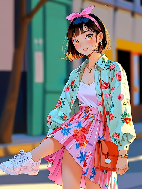 Photo a girl in a floral dress is standing on a street