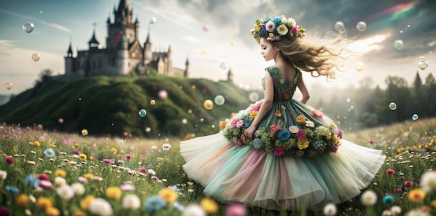 a girl in a flowered dress stands in a field of flowers