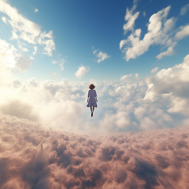 a girl flying high in the sky above the clouds