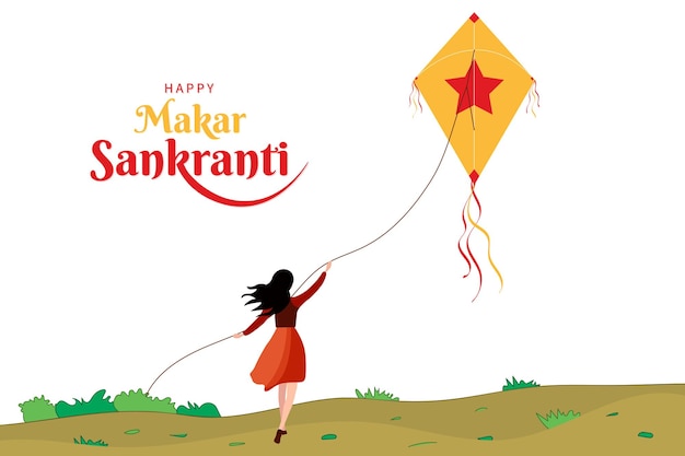 Girl flying kite vector illustration Happy makar sankranti post design