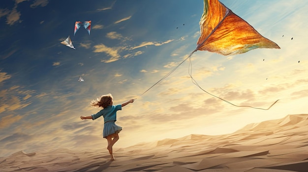 a girl flying a kite with a kite in the sky