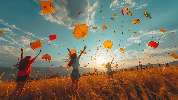 a girl flying a kite with the sun behind her