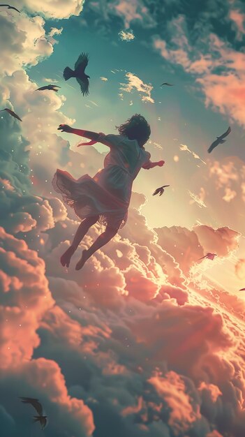 Photo a girl flying in the sky with the sun behind her