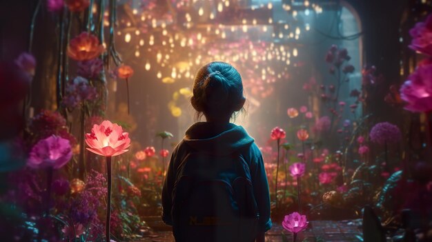 A girl in a forest of giant flowers a fabulous illustration ai generate