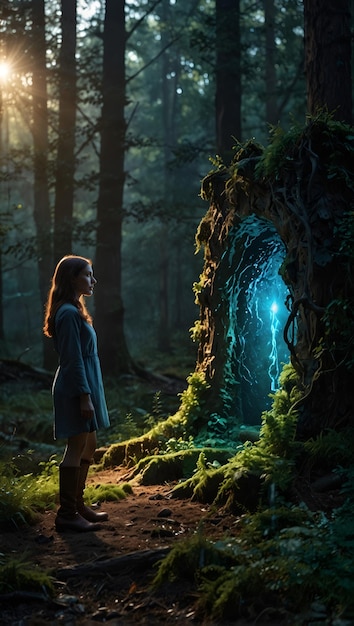 Photo a girl in a forest with a blue light in the background the enchanted discovery unveiling a hidden