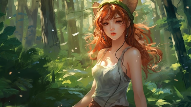 A girl in a forest with a cat ears on her head