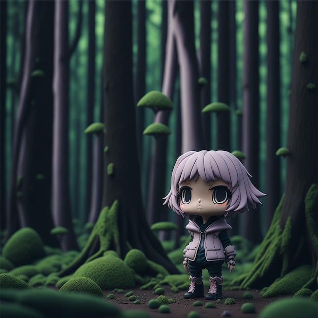 A girl in a forest with a green background and a picture of a forest with a purple hair.