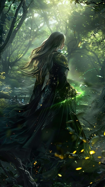 a girl in a forest with a green background