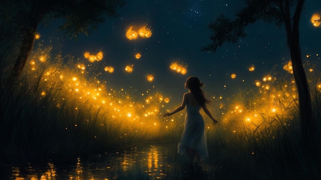 a girl in the forest with lights in her hands