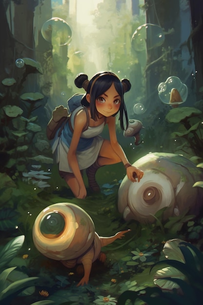 A girl in a forest with a mushroom and a snail.