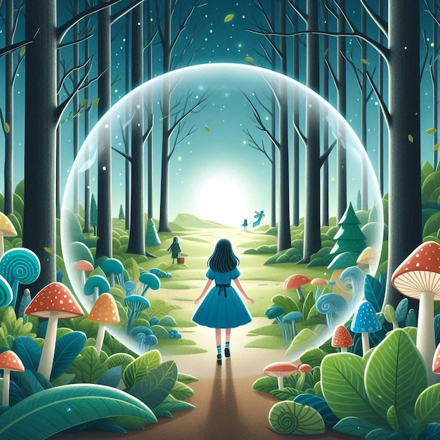 a girl in a forest with mushrooms and a circle of trees