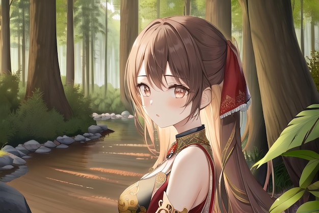 A girl in a forest with a sad face