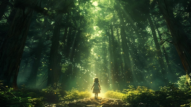 a girl in the forest with the sun shining through the trees