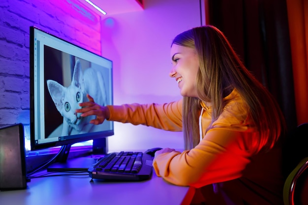 Girl freelancer looks on a computer screen at a cat Sitting in an apartment at a computer desk