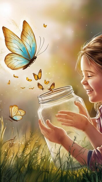 The girl frees the butterfly from the jar golden blue moment concept of freedom