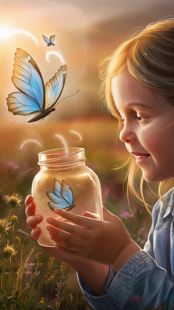 The girl frees the butterfly from the jar golden blue moment concept of freedom