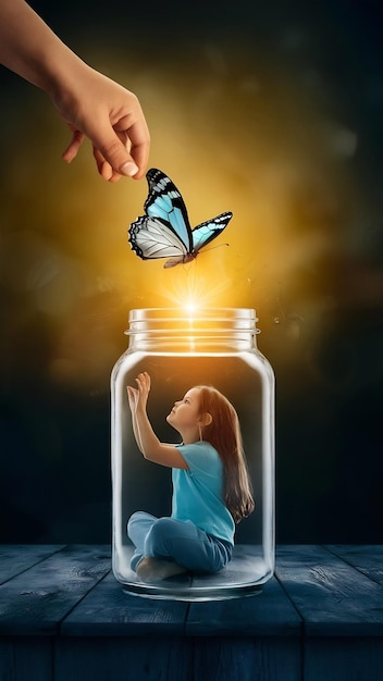 The girl frees the butterfly from the jar golden blue moment concept of freedom